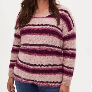 TORRID STRIPED FUZZY SHOULDER PULLOVER SWEATER